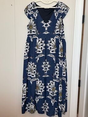 Blue Floral Midi Dress with V-Neck